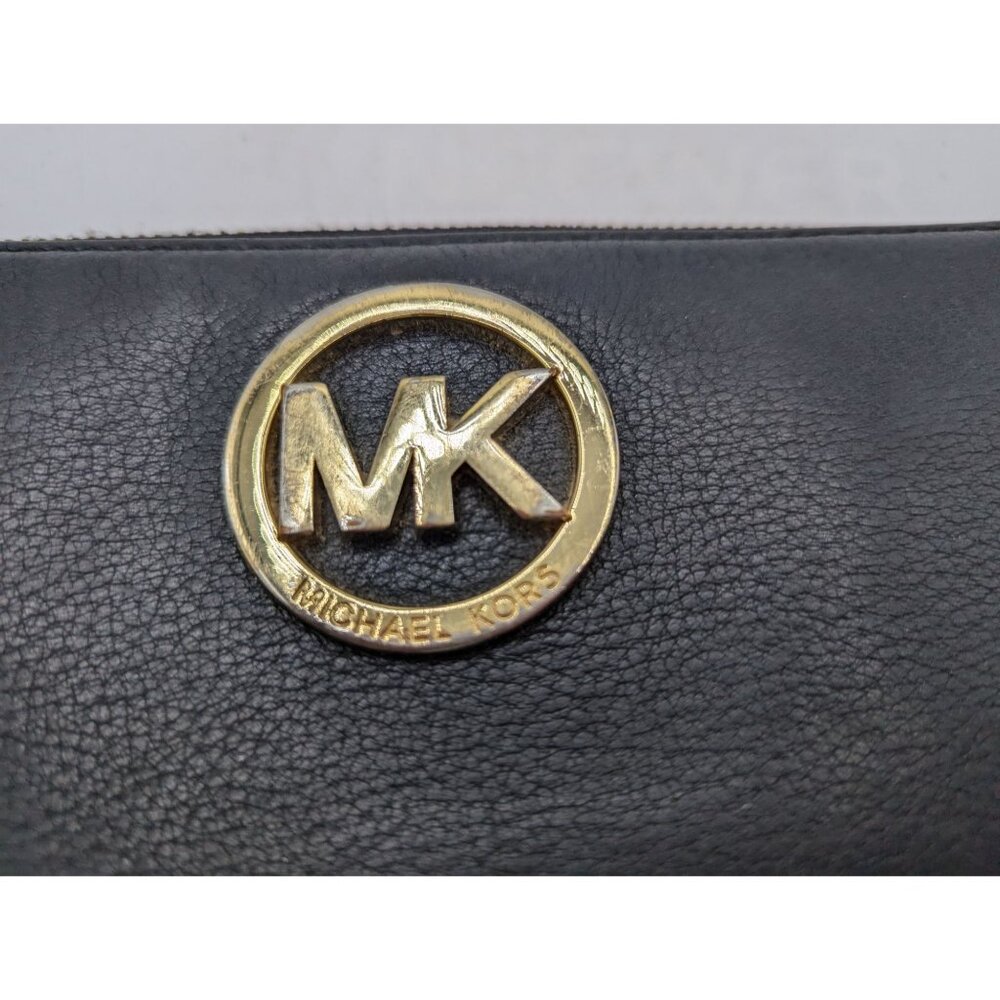 Michael Kors Black Pebbled Leather Zip-Around Wallet With Gold MK Logo & Multipl - Picture 11 of 11